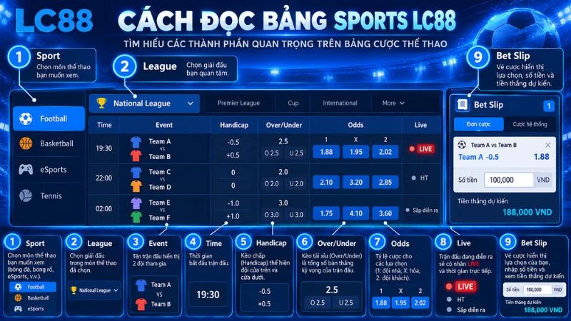 Cách đọc bảng cược thể thao LC88 với trận đấu kèo odds và bet slip