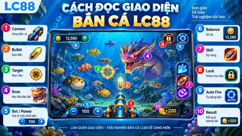 Cách đọc giao diện Bắn Cá LC88 với Cannon Bullet Target Boss Auto Fire và Lock