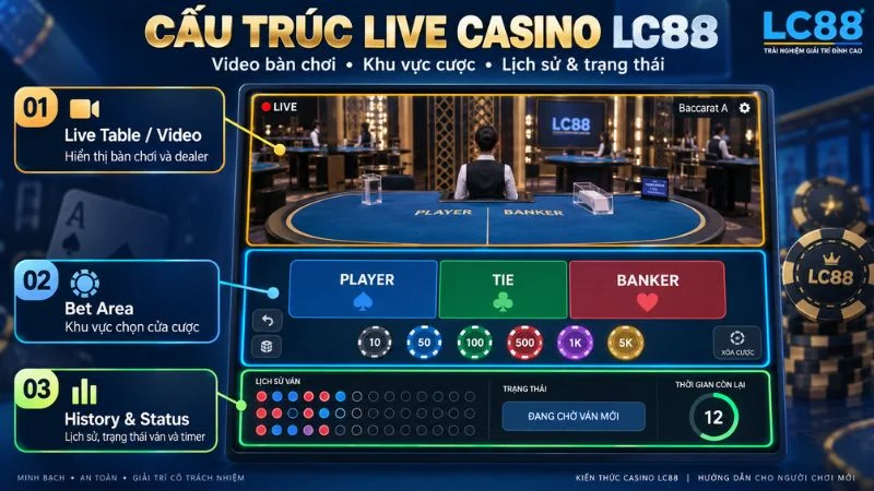 Cấu trúc bàn Live Casino LC88 với video dealer khu vực cược và lịch sử kết