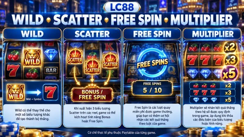 Wild Scatter Free Spin và Multiplier trong game Nổ Hũ LC88